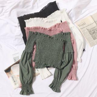 Off-shoulder Long-sleeve Crop Chiffon Top
