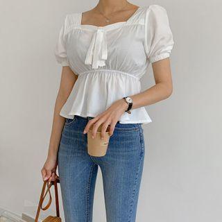 Tie-neck Puff-sleeve Peplum Top