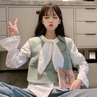 Tie-neck Lantern-sleeve Blouse / Plain Vest