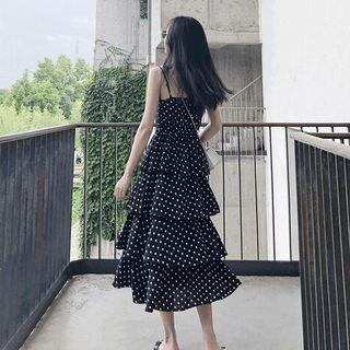Dotted Strappy Tiered Midi A-line Dress