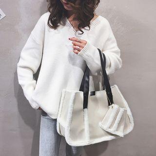Set: Furry Trim Faux Leather Tote Bag + Pouch