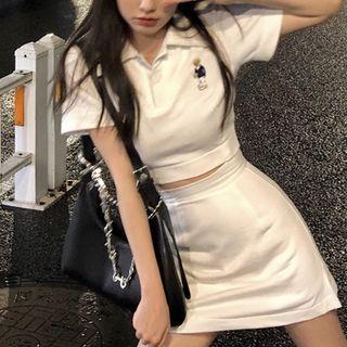 Set: Bear Embroidery Polo Shirt + Mini Skirt