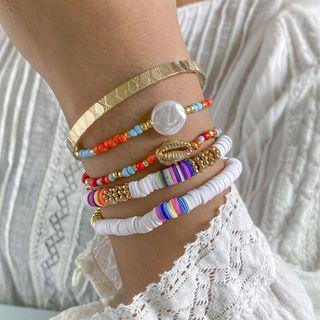 Set Of 5: Layered Beaded Bracelet + Bangle Set Of 5 - 2720 - Gold - One Size