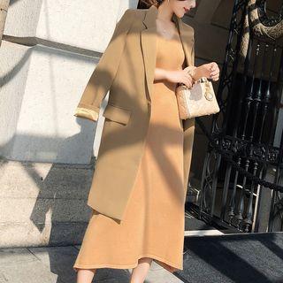 Notch-lapel Buttoned Coat / Sleeveless Midi A-line Dress