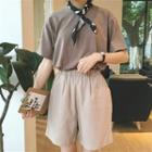 Plain Elastic-waist Loose-fit Shorts