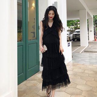 V-neck Layered Chiffon Dress