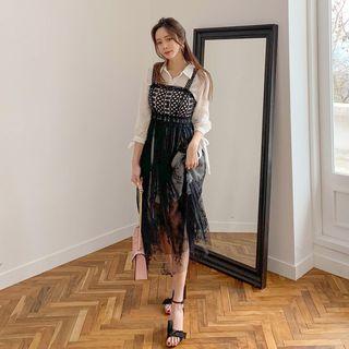 Set: Sheer Lace Long Pinafore Dress + Shirtdress Black & White - One Size