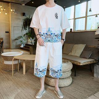 Set: Elbow-sleeve Graphic Print T-shirt + Wide Leg Shorts