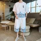 Set: Elbow-sleeve Graphic Print T-shirt + Wide Leg Shorts
