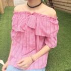 Striped Off-shoulder Frilled Elbow-sleeve Top