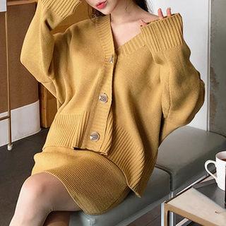 Set: V-neck Cardigan + Band-waist Slit-side Skirt