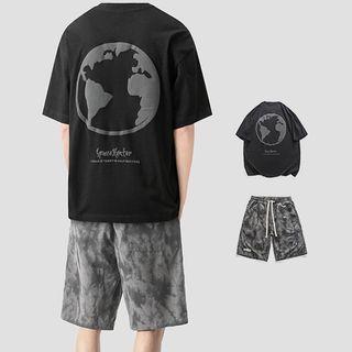 Elbow-sleeve Earth Print T-shirt / Tie-dyed Wide Leg Shorts