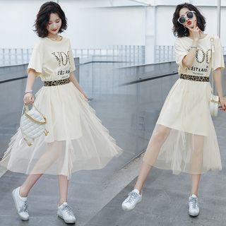 Set: Elbow-sleeve T-shirt Dress + Leopard Print Waistband Midi Skirt