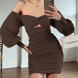Off-shoulder Puff-sleeve Knotted Mini Dress
