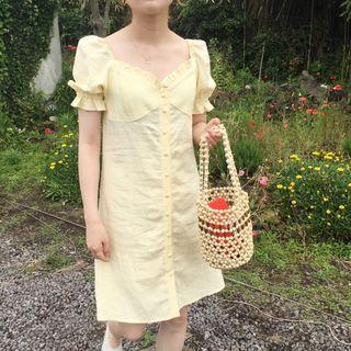 Ruffle Trim Puff-sleeve Mini Shift Dress Yellow - One Size