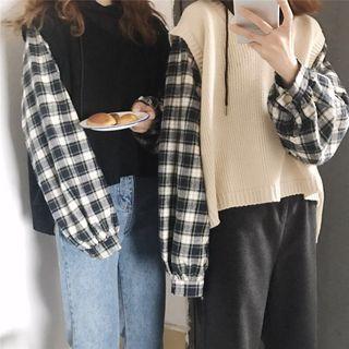 Mock-two Check Lantern Sleeve Loose-fit Hooded Sweatshirt