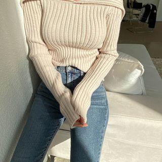 Sailor-collar Ribbed Knit Crop Top