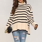 Long Sleeve Mock Neck Striped Loose-fit Sweater Beige - One Size