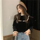 Stand-collar Lace Panel Velvet Long-sleeve Top Black - One Size