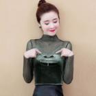 Mock Two-piece High-neck Velvet Rhinestone Top