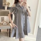 Plaid Cut Out Shoulder Short Sleeve Shirt Dress