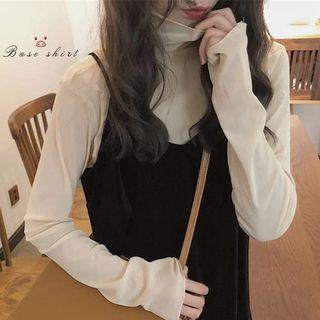 Long-sleeve Turtle-neck Chiffon Top / Spaghetti Strap Midi Velvet Dress