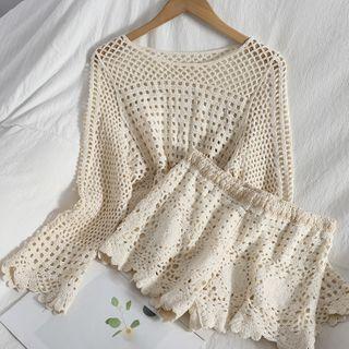 Set: Bell-sleeve Lace Blouse + A-line Skirt