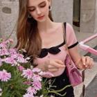 Short-sleeve Square-neck Bow Knit Top