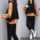 Set: Mock Two-piece Long Puff Sleeve T-shirt + Cropped Slim-fit Pants