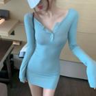 Long-sleeve Half Button Mini Sheath Dress Aqua Blue - One Size