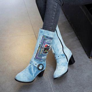 Block Heel Applique Denim Short Boots