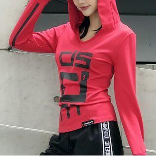 Lettering Long-sleeve Hooded Sports T-shirt