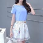 Set: Lace Up Shoulder Short Sleeve Top + Striped Printed Mini Mesh Skirt