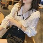 Long-sleeve Collared Lace Blouse / Mini Pencil Skirt