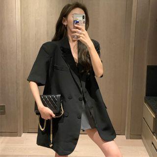 Double-breasted Short-sleeve Loose Blazer With Belt