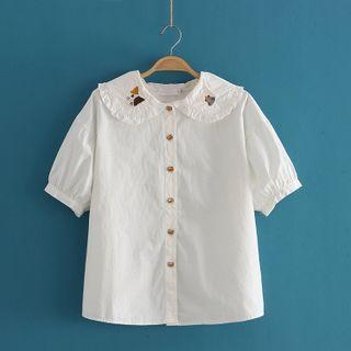 Cat Embroidered Plain Short Sleeve Shirt