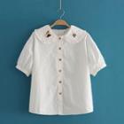 Cat Embroidered Plain Short Sleeve Shirt