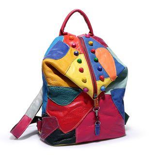 Studded Color Block Genuine Leather Backpack