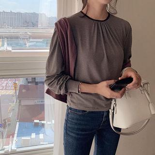 Shirred-trim Striped Top