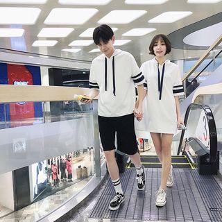 Couple Matching Striped Trim Hoodie Dress / Drawstring Hoodie / Plain Shorts