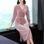 Long-sleeve Lace Trim Midi A-line Velvet Dress