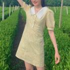 Short-sleeve Floral Print Lace Collar Mini Sheath Dress