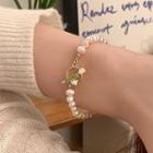 Flower Freshwater Pearl Bracelet White & Green & Gold - One Size