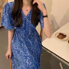 Puff-sleeve Floral Print Midi Dress Blue - One Size