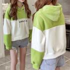 Long-sleeve Color Block Letter Embroidered Hooded Pullover