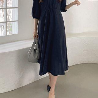 Elbow-sleeve Tie-back Dress Navy Blue - One Size