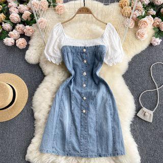 Lace Cutout Puff-sleeve Color Block Panel Denim Dress