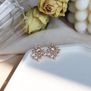 Faux Pearl Square Earring 1 Pair - Silver Stud Earrings - White Beads - Gold - One Size