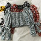 Boatneck Ribbon-sleeve Smocked Floral Crop Top In 5 Colors