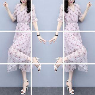 Elbow-sleeve Patterned Chiffon A-line Midi Dress